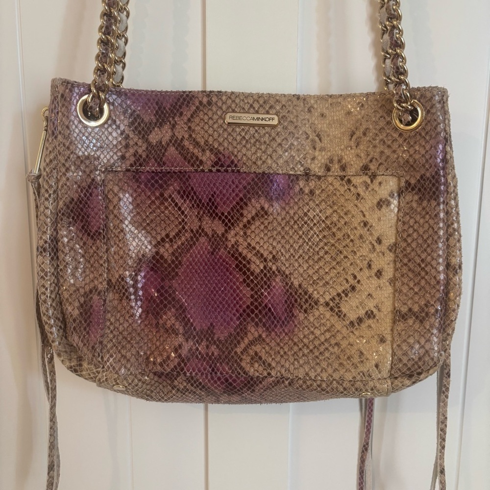 Rebecca Minkoff Python Embossed Leather Chain Strap Shoulder Bag Purple Tan Gold